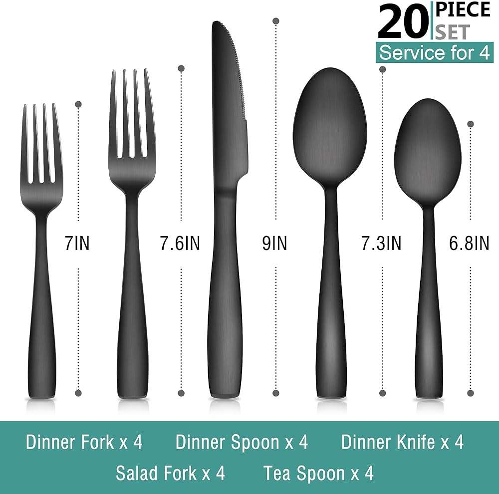 E-far Matte Black Silverware Set for 4, 20 Pieces Stainless Steel Flatware Eating Utensils Set for Home Kitchen Restaurant, Metal Forks Spoons and Knives with Square Handle for Wedding Dinner Party - Image 3