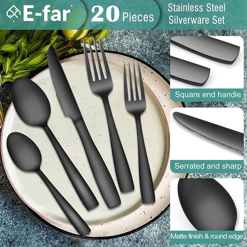 E-far Matte Black Silverware Set for 4, 20 Pieces Stainless Steel Flatware Eating Utensils Set for Home Kitchen Restaurant, Metal Forks Spoons and Knives with Square Handle for Wedding Dinner Party - Image 4