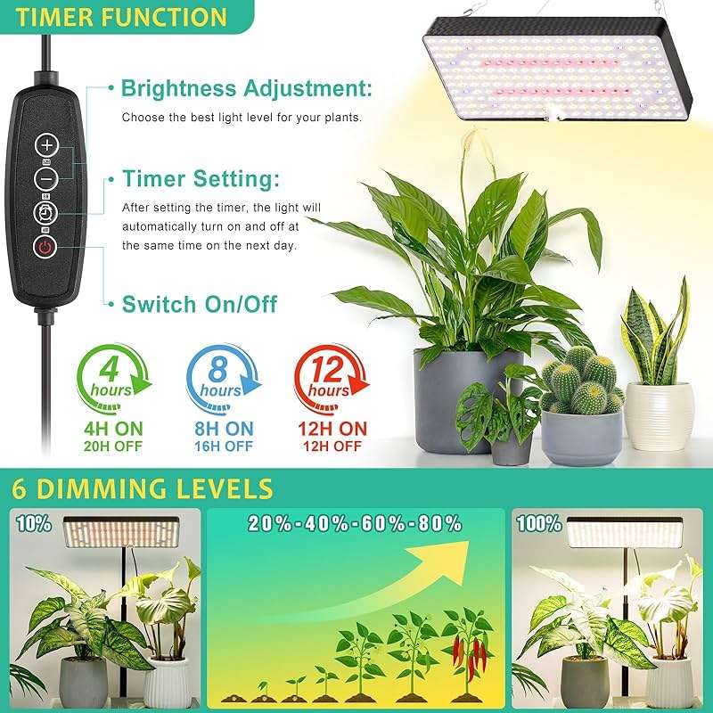 LBW Desk Grow Light, Full Spectrum Plant Light for Indoor Plants, Grow Lamps with 4/8/12H Timer, 10"-26" Height Adjustable, 6 Brightness Levels - Image 4