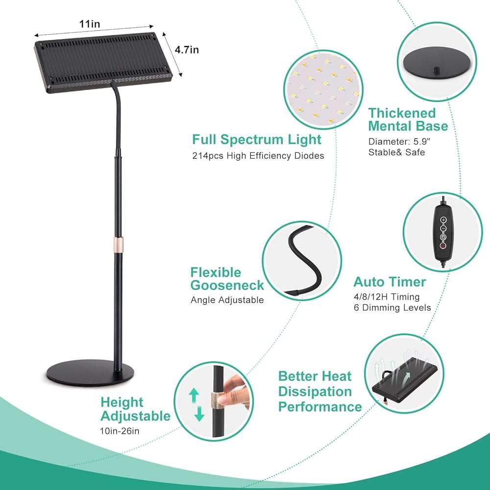 LBW Desk Grow Light, Full Spectrum Plant Light for Indoor Plants, Grow Lamps with 4/8/12H Timer, 10"-26" Height Adjustable, 6 Brightness Levels - Image 6