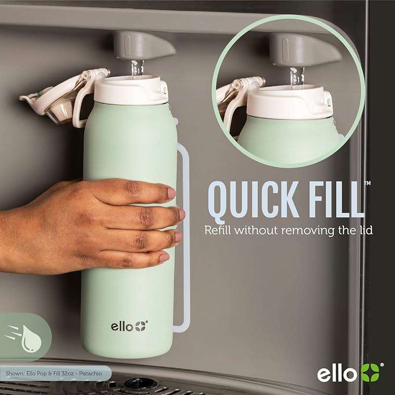 Ello Pop & Fill Insulated Stainless Steel Water Bottle with Quick Fill Lid, Leakproof Locking, Sip or Chug Spout, BPA-Free, Double Wall Vacuum Insulated for Sports, Travel & School- 22oz / 32oz / 40oz - Image 2