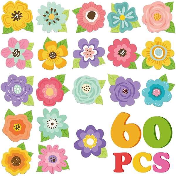Motipuns 60 Pcs Flower Cutouts Spring Bulletin Board Decorations Floral Paper Cutouts Springtime Classroom Decorations for Kids Preschool Teacher Chalkboard Summer Party Office Home Back to School - Image 1