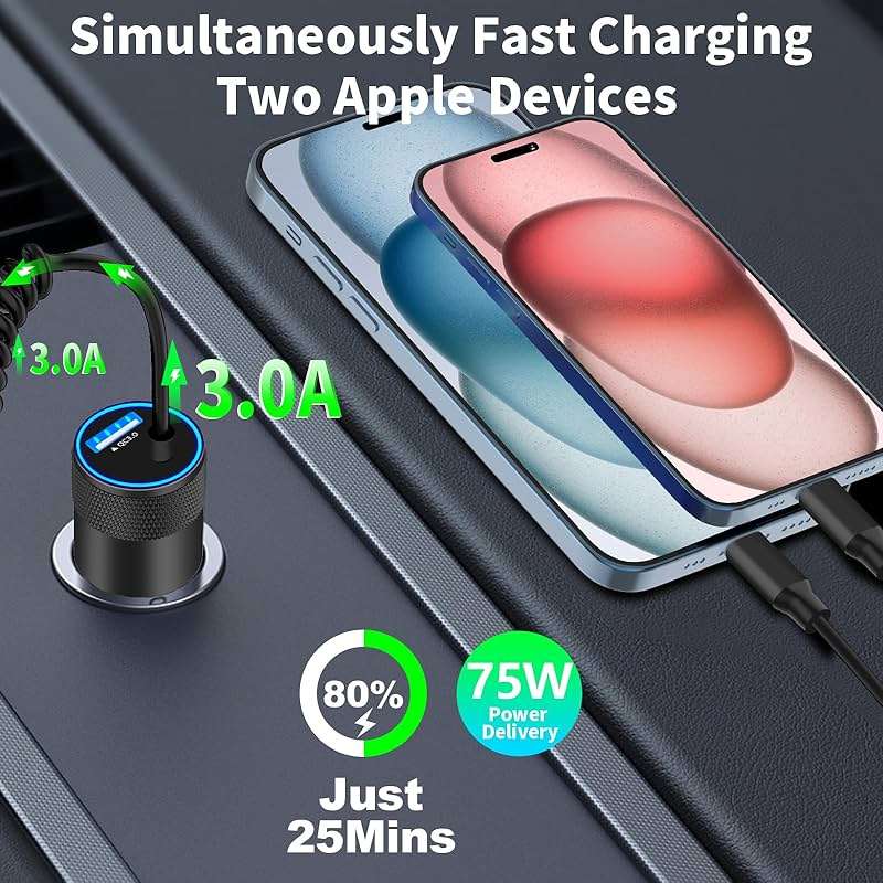 【MFi Certified】iPhone 17 Car Charger Fast Charging, Braveridge 75W USB C PD&QC Car Power Cigarette Lighter USB Charger with 6FT Type C Coiled Cable for iPhone 17/17 Pro Max/16/15/Galaxy S26/S25/Pixel - Image 7