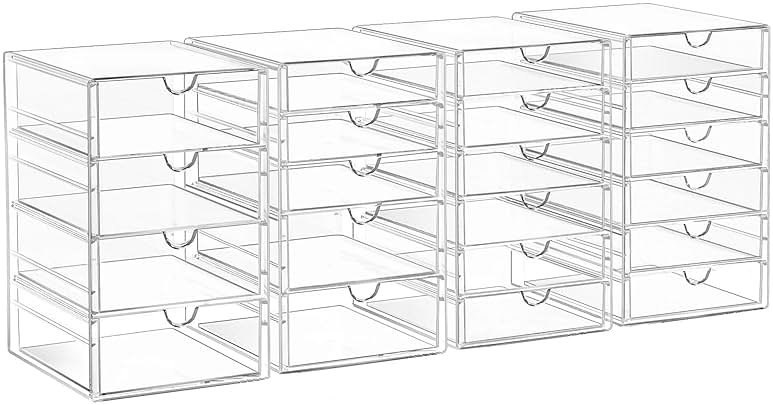 AMALEKO Acrylic Drawer Organizers - 21 Drawers 4 Set - Clear Storage Drawers for Office Supplies - Stackable Makeup Organizer - Dustproof Desk Organizers for Makeup, Jewelry, Pen, Stationary - Product Image