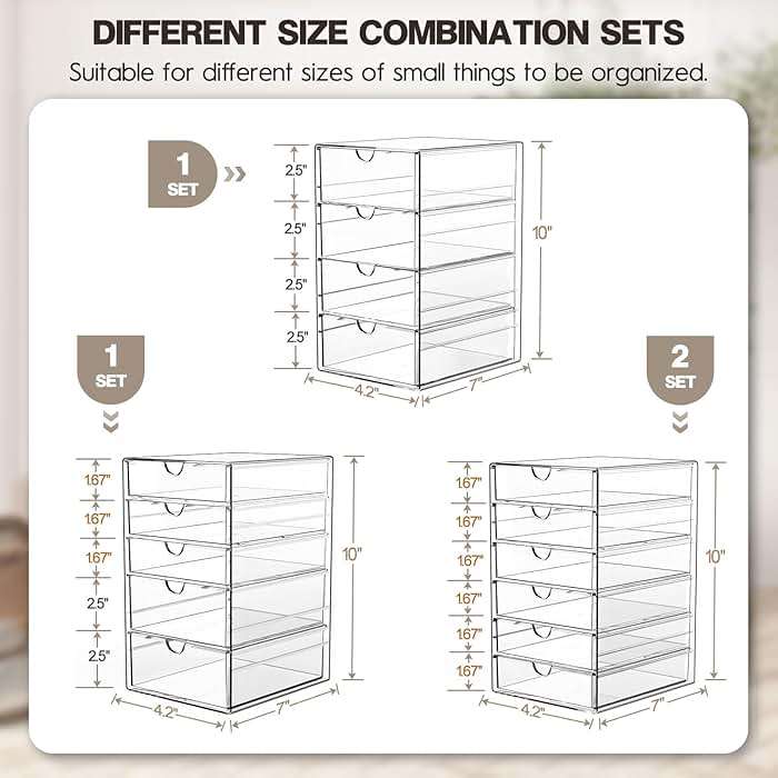 AMALEKO Acrylic Drawer Organizers - 21 Drawers 4 Set - Clear Storage Drawers for Office Supplies - Stackable Makeup Organizer - Dustproof Desk Organizers for Makeup, Jewelry, Pen, Stationary - Image 2