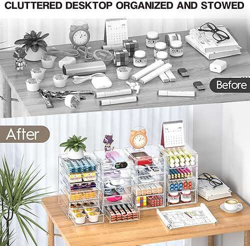 AMALEKO Acrylic Drawer Organizers - 21 Drawers 4 Set - Clear Storage Drawers for Office Supplies - Stackable Makeup Organizer - Dustproof Desk Organizers for Makeup, Jewelry, Pen, Stationary - Image 4