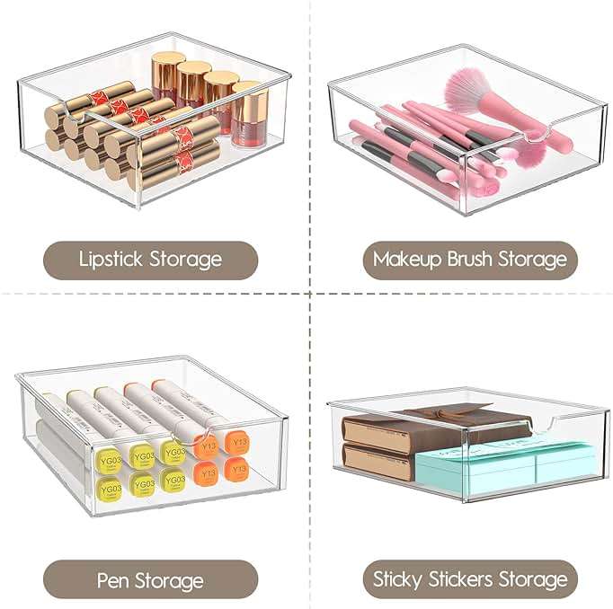 AMALEKO Acrylic Drawer Organizers - 21 Drawers 4 Set - Clear Storage Drawers for Office Supplies - Stackable Makeup Organizer - Dustproof Desk Organizers for Makeup, Jewelry, Pen, Stationary - Image 7