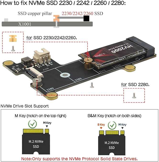 Geekworm X1001 PCIe to M.2 HAT Key-M NVMe SSD PIP PCIe Peripheral Board for Raspberry Pi 5 Support M.2 2230/2242/2260/2280 SSD - Image 3