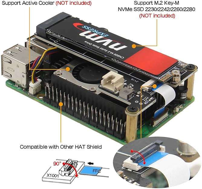 Geekworm X1001 PCIe to M.2 HAT Key-M NVMe SSD PIP PCIe Peripheral Board for Raspberry Pi 5 Support M.2 2230/2242/2260/2280 SSD - Image 4