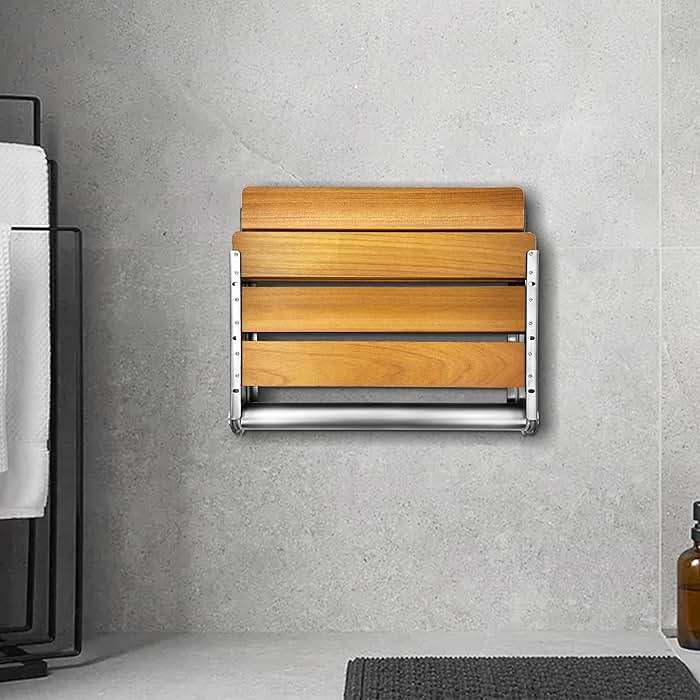 Koretech Folding Shower Seat Teak, Folding Shower Seat Wall Mounted, Foldable Shower Chair for Home Care, 450 lbs Capacity (Stainless Steel, 13'' D x 17'' W x 10'' H) - Image 2