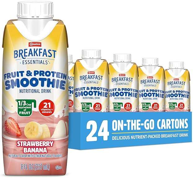 Carnation Breakfast Essentials Fruit and Protein Smoothie Nutritional Drink, Strawberry Banana, 24 – 8 fl oz Cartons (Packaging May Vary) - Image 1