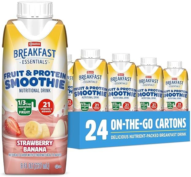 Carnation Breakfast Essentials Fruit and Protein Smoothie Nutritional Drink, Strawberry Banana, 24 – 8 fl oz Cartons (Packaging May Vary) - Product Image
