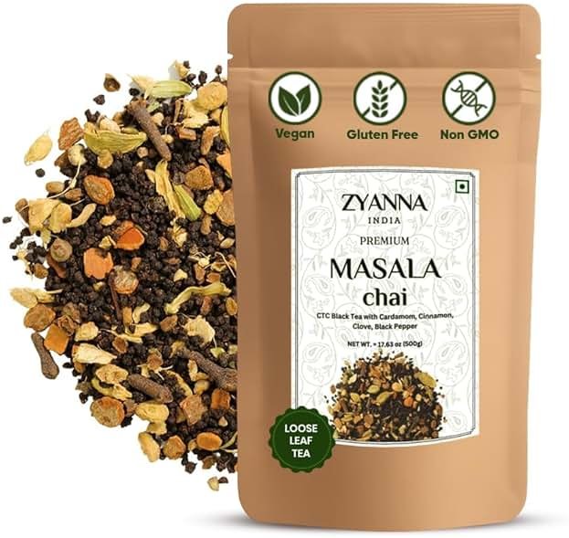Zyanna Masala Chai Tea - Premium Blended Assam Tea with Indian Masala Cardamom, Cinnamon, Clove, Black Pepper (8.8 Ounce - 125 Cups)- Original Indian Aromatic Spicy Loose ctc Chai Patti for Milk Tea - Product Image