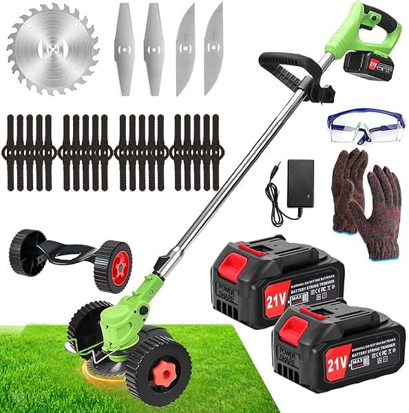 Electric Weed Eater Battery Powered Electric Weed Wacker 21V Cordless Weed Wacker with 2PCS 4.0AH Batteries and 3 Types Blades&Auxiliary Wheel Lightweight Brush Cutter for Yard and Garden - Product Image