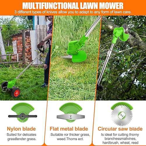 Electric Weed Eater Battery Powered Electric Weed Wacker 21V Cordless Weed Wacker with 2PCS 4.0AH Batteries and 3 Types Blades&Auxiliary Wheel Lightweight Brush Cutter for Yard and Garden - Image 4