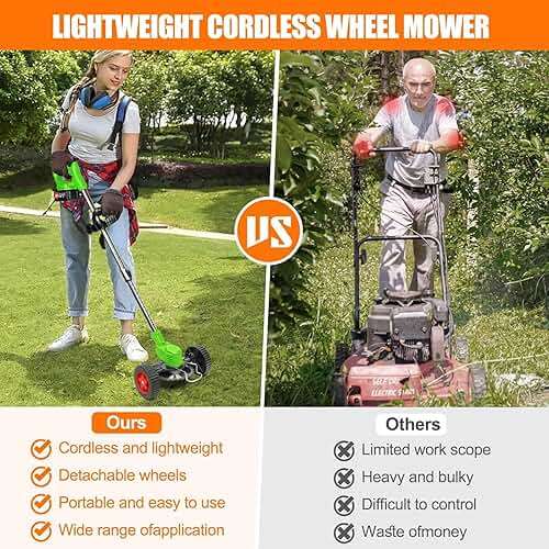 Electric Weed Eater Battery Powered Electric Weed Wacker 21V Cordless Weed Wacker with 2PCS 4.0AH Batteries and 3 Types Blades&Auxiliary Wheel Lightweight Brush Cutter for Yard and Garden - Image 5