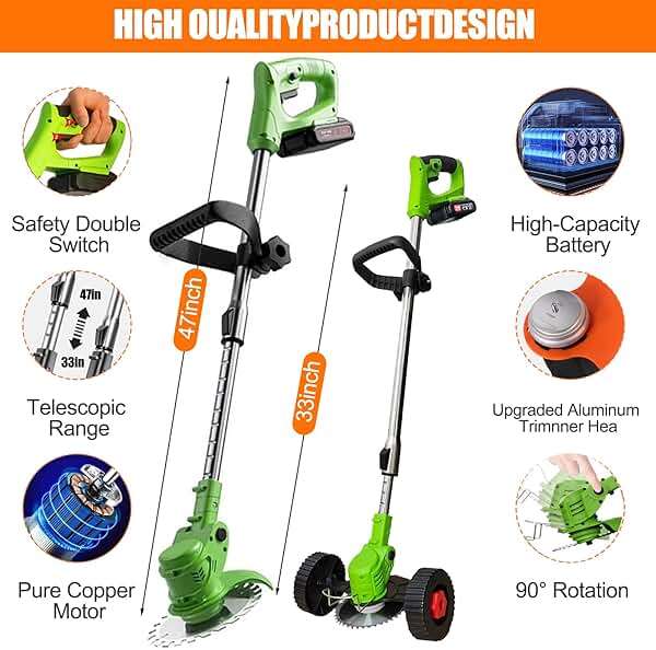 Electric Weed Eater Battery Powered Electric Weed Wacker 21V Cordless Weed Wacker with 2PCS 4.0AH Batteries and 3 Types Blades&Auxiliary Wheel Lightweight Brush Cutter for Yard and Garden - Image 6