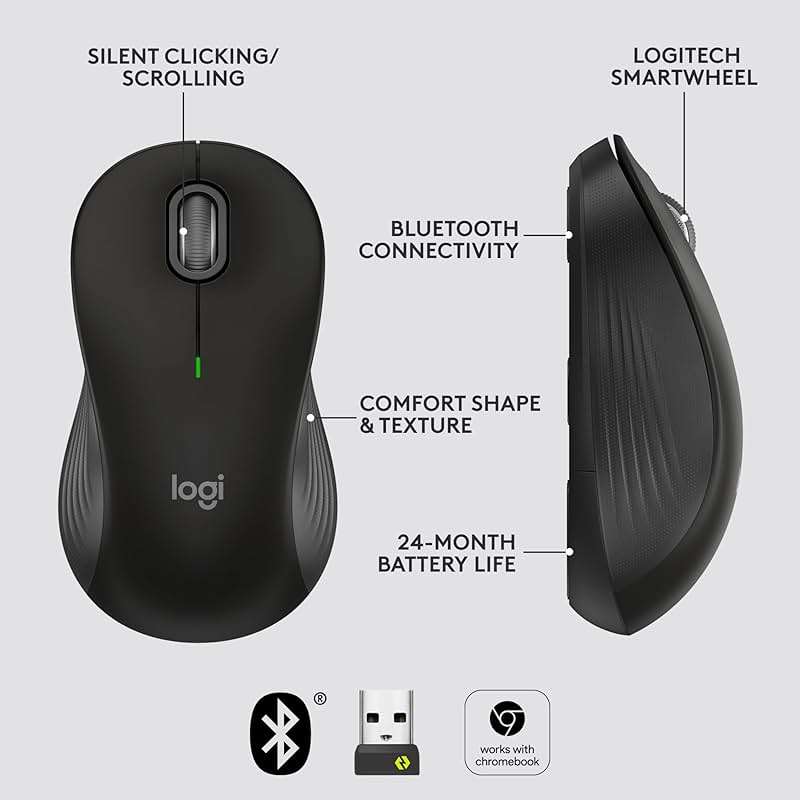 Logitech Signature M550 L Full Size Wireless Mouse - for Large Sized Hands, 2-Year Battery, Silent Clicks, Bluetooth, Multi-Device Compatibility - Black - Image 6