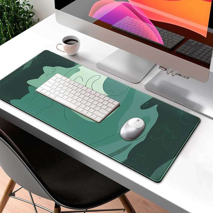 Cute Green Cat Desk Mat Extended Mouse Pad Large Gaming Mousepad XL Long Desk Pad Minimalist Laptop Keyboard Pad Deskmat Deskpad Desktop Mouse Mat Big 31.5"x11.8" with Stitched Edges - Image 2