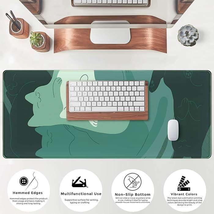 Cute Green Cat Desk Mat Extended Mouse Pad Large Gaming Mousepad XL Long Desk Pad Minimalist Laptop Keyboard Pad Deskmat Deskpad Desktop Mouse Mat Big 31.5"x11.8" with Stitched Edges - Image 4