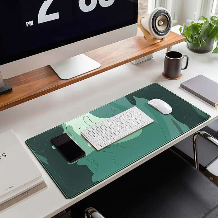 Cute Green Cat Desk Mat Extended Mouse Pad Large Gaming Mousepad XL Long Desk Pad Minimalist Laptop Keyboard Pad Deskmat Deskpad Desktop Mouse Mat Big 31.5"x11.8" with Stitched Edges - Image 5