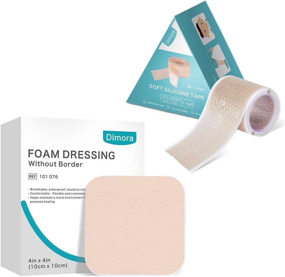 Dimora Foam Dressing, Sterile Non-Adhesive Hydrophilic Pads 10 Pack + Soft Waterproof Silicone Medical Tape No Residue (1.6in x 59 in),1 Roll - Product Image