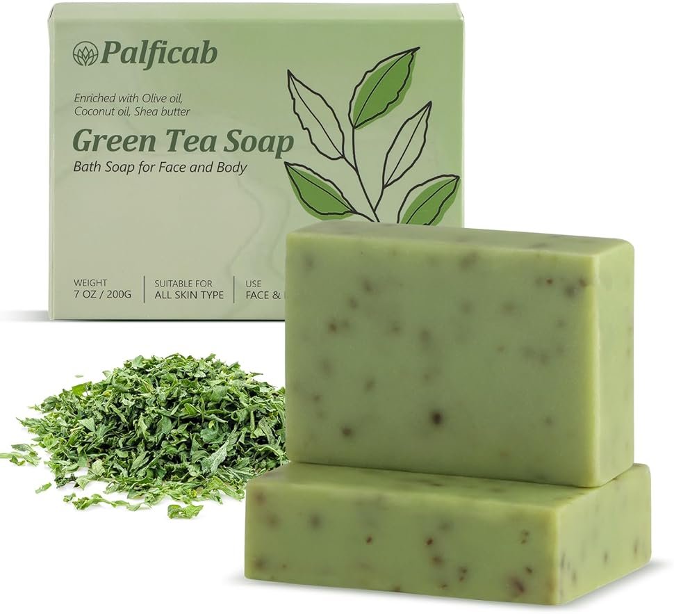 PALFICAB Green Tea Soap for Face & Body, Green Soap with Tea Leaves, Coconut Oil, Shea Butter, Homemade - Cold Pressed Vegan Green Tea Soap for Eliminating Odor, Exfoliating, Moisturizing, 2 Bars - Product Image