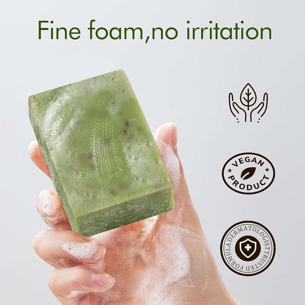 PALFICAB Green Tea Soap for Face & Body, Green Soap with Tea Leaves, Coconut Oil, Shea Butter, Homemade - Cold Pressed Vegan Green Tea Soap for Eliminating Odor, Exfoliating, Moisturizing, 2 Bars - Image 3