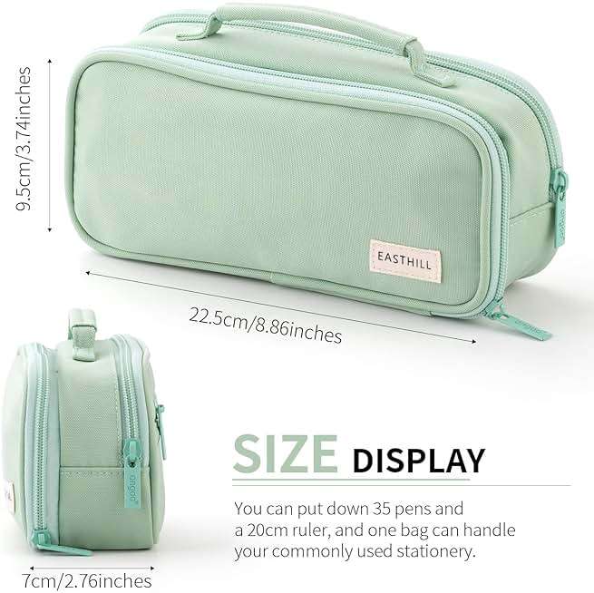 EASTHILL Large Capacity Pencil Case Pen Pouch Organizer Canvas Pencil Bag with Handle School Supplies for Teen Girls-Green - Image 3