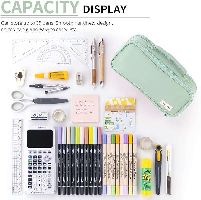 EASTHILL Large Capacity Pencil Case Pen Pouch Organizer Canvas Pencil Bag with Handle School Supplies for Teen Girls-Green - Image 4