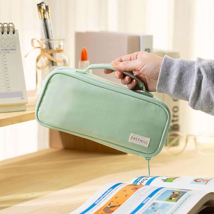 EASTHILL Large Capacity Pencil Case Pen Pouch Organizer Canvas Pencil Bag with Handle School Supplies for Teen Girls-Green - Image 6