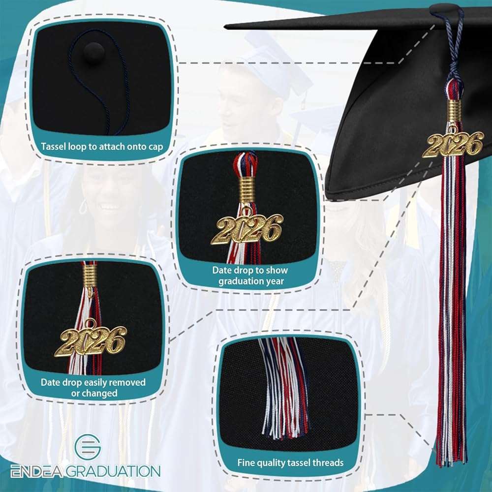 Endea Graduation Mixed Triple Color Tassel with Gold Date Drop (Navy Blue/Red/White, 2026) - Image 4