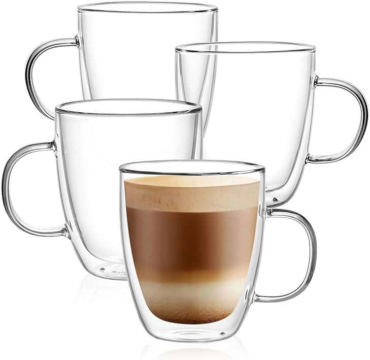 CNGLASS Glass Coffee Mugs 12oz,Double Walled Insulated Cappuccino Mug with Handle,Clear Espresso Cups for Cappuccino,Latte,Tea Bags,Hot and Cold Beverages,Set of 4 - Image 1