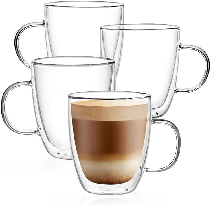 CNGLASS Glass Coffee Mugs 12oz,Double Walled Insulated Cappuccino Mug with Handle,Clear Espresso Cups for Cappuccino,Latte,Tea Bags,Hot and Cold Beverages,Set of 4 - Product Image