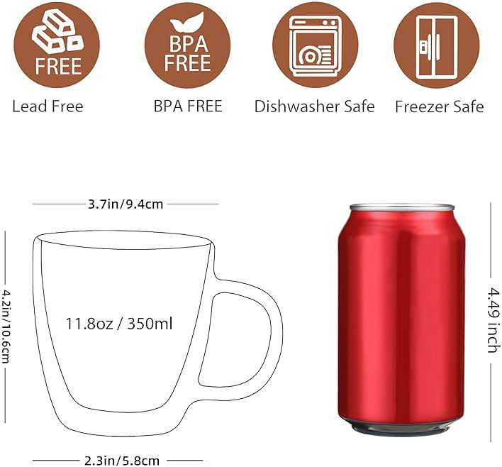 CNGLASS Glass Coffee Mugs 12oz,Double Walled Insulated Cappuccino Mug with Handle,Clear Espresso Cups for Cappuccino,Latte,Tea Bags,Hot and Cold Beverages,Set of 4 - Image 3
