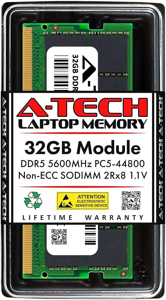 A-Tech 32GB DDR5 5600MHz PC5-44800 CL46 SODIMM 2Rx8 Dual Rank 1.1V Non-ECC Unbuffered SO-DIMM 262-Pin Laptop Computer RAM Memory Upgrade Module - Image 1