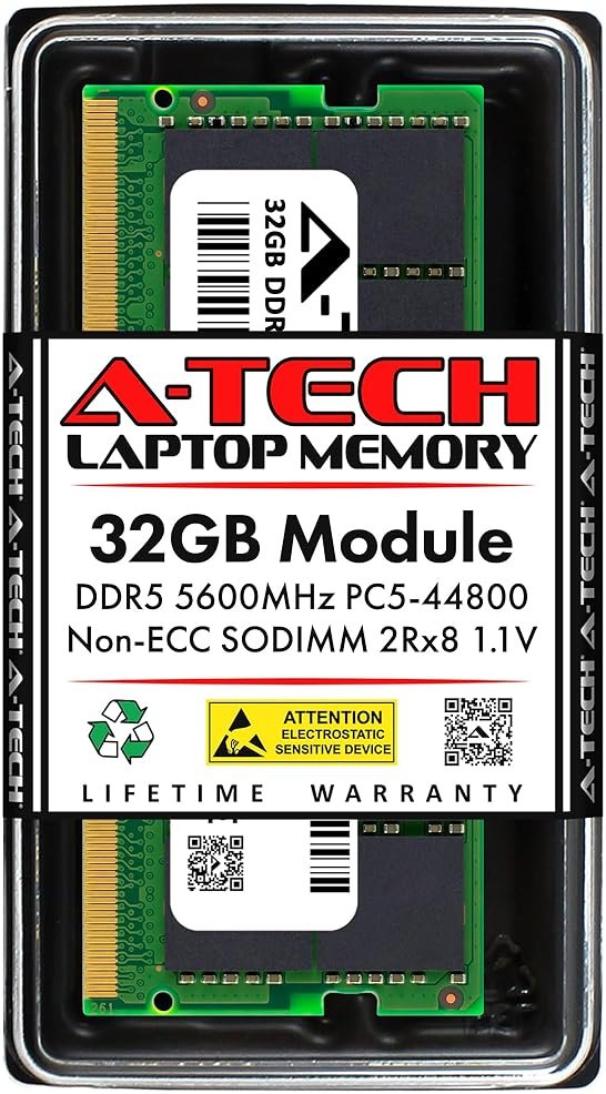 A-Tech 32GB DDR5 5600MHz PC5-44800 CL46 SODIMM 2Rx8 Dual Rank 1.1V Non-ECC Unbuffered SO-DIMM 262-Pin Laptop Computer RAM Memory Upgrade Module - Product Image