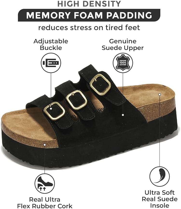 Project Cloud 100% Genuine Leather Platform Sandals Women Footwear - Comfortable Womens Slides Memory Foam Insole - Non Slip Water-Resistant 3-Strap Wedge Sandals for Women 2026 (Dyan) - Image 2