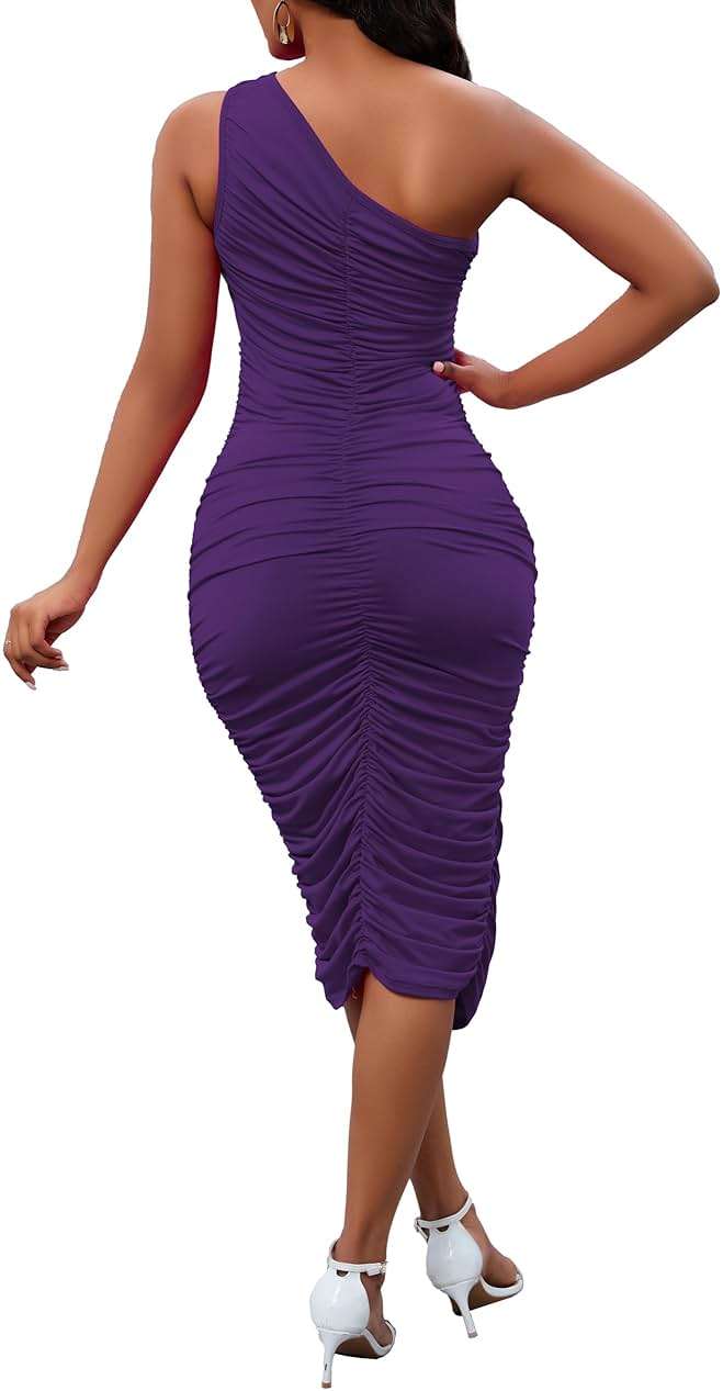 Womens One Shoulder Dress Sexy Ruched Bodycon Midi Party Dress Sleeveless Cocktail Wedding Guest Club Night Outfit - Image 3