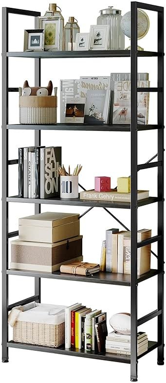 Sweetcrispy Book Shelf, 5 Tier Bookcase, Modern Tall Bookshelf for Garage Kit, CDs, Movies, Industrial Corner Storage Organizer for Bedroom Home Office Kitchen Living Room, Black - Product Image