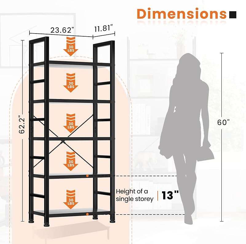 Sweetcrispy Book Shelf, 5 Tier Bookcase, Modern Tall Bookshelf for Garage Kit, CDs, Movies, Industrial Corner Storage Organizer for Bedroom Home Office Kitchen Living Room, Black - Image 3