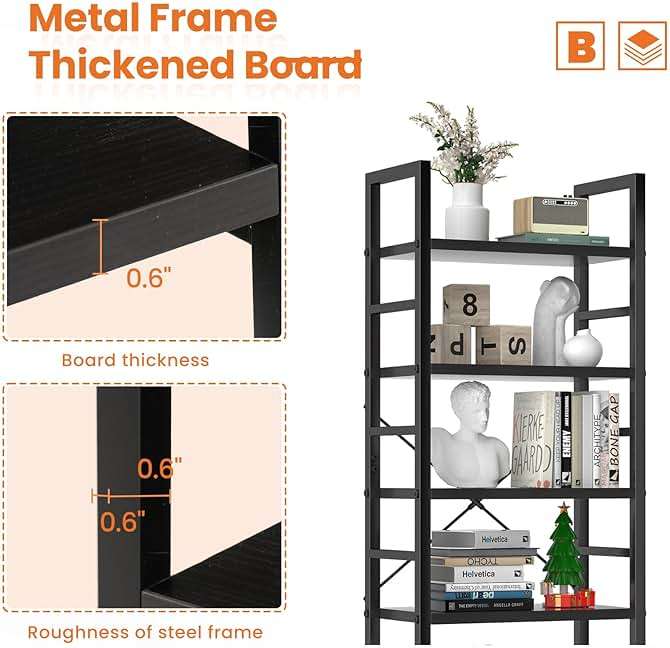 Sweetcrispy Book Shelf, 5 Tier Bookcase, Modern Tall Bookshelf for Garage Kit, CDs, Movies, Industrial Corner Storage Organizer for Bedroom Home Office Kitchen Living Room, Black - Image 4