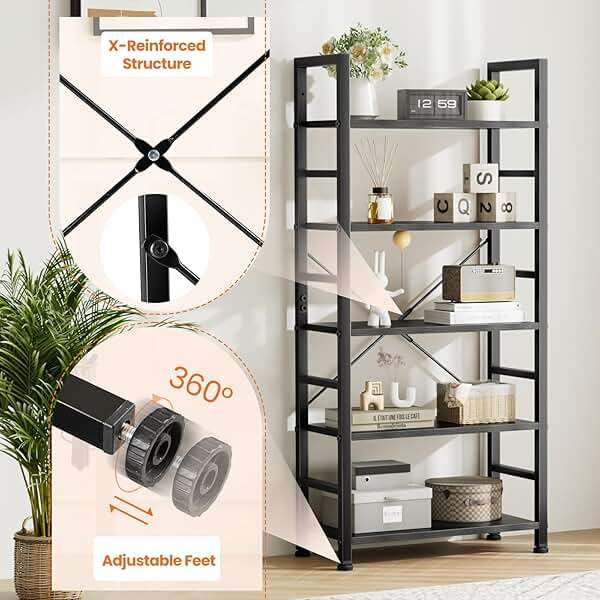 Sweetcrispy Book Shelf, 5 Tier Bookcase, Modern Tall Bookshelf for Garage Kit, CDs, Movies, Industrial Corner Storage Organizer for Bedroom Home Office Kitchen Living Room, Black - Image 6
