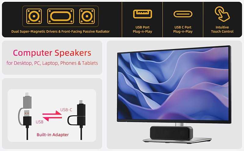Computer Speakers for Desktop PC Laptop, Wired, USB Plug-in, External Speakers for Monitor, Small Computer Sound bar for PC, Loud Speaker with Deep Bass, Touch Control, Built-in USB-C to USB Adapter - Image 2