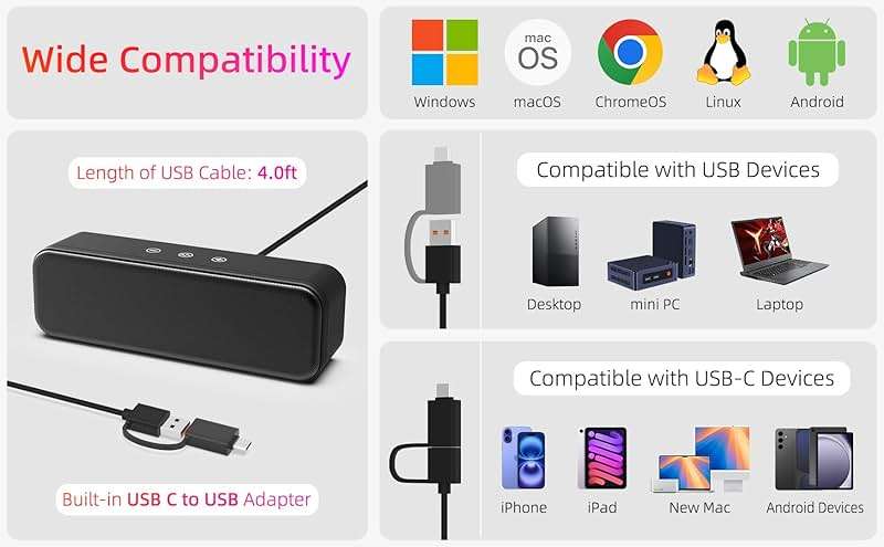 Computer Speakers for Desktop PC Laptop, Wired, USB Plug-in, External Speakers for Monitor, Small Computer Sound bar for PC, Loud Speaker with Deep Bass, Touch Control, Built-in USB-C to USB Adapter - Image 3
