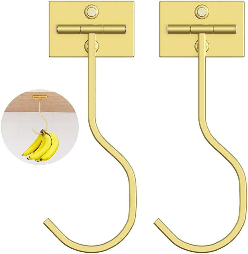 bussdis Adhesive Banana Hook Under Cabinet: 2-Pack Foldable Metal Banana Hanger, Space-Saving Under Counter Banana Holder for Kitchen & RV, Gold - Image 1