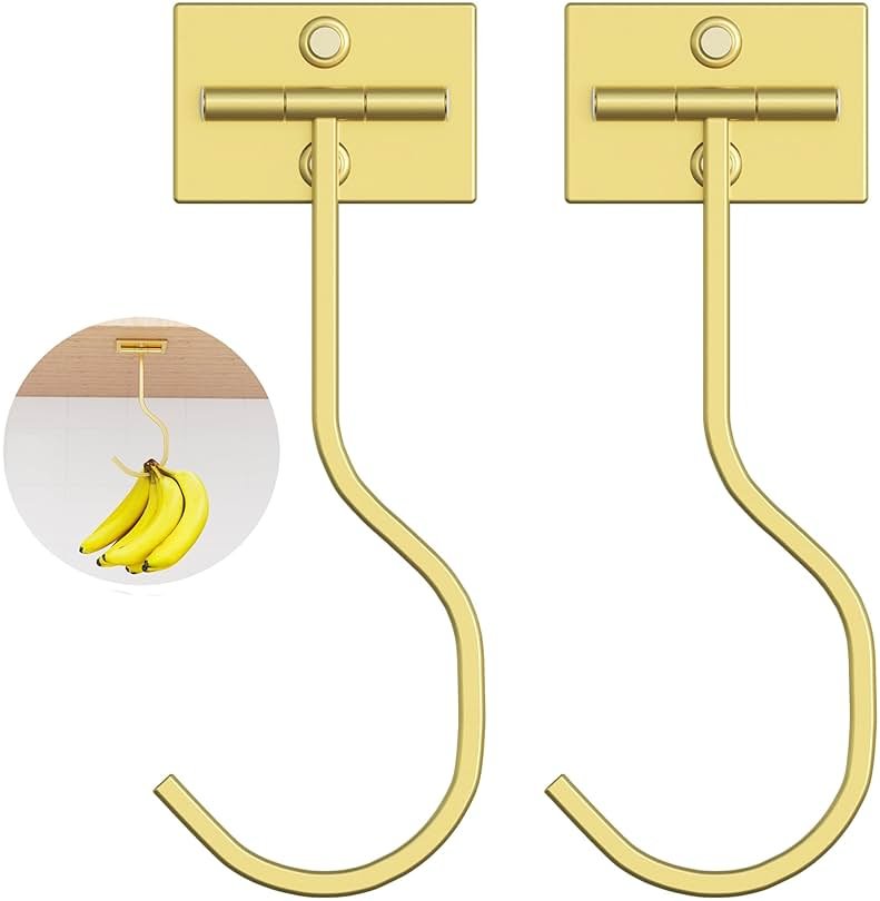 bussdis Adhesive Banana Hook Under Cabinet: 2-Pack Foldable Metal Banana Hanger, Space-Saving Under Counter Banana Holder for Kitchen & RV, Gold - Product Image