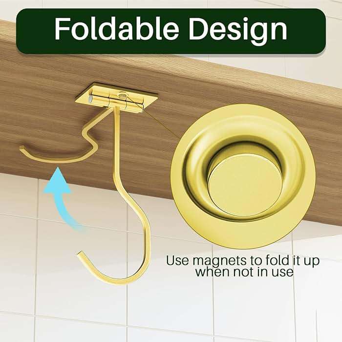 bussdis Adhesive Banana Hook Under Cabinet: 2-Pack Foldable Metal Banana Hanger, Space-Saving Under Counter Banana Holder for Kitchen & RV, Gold - Image 4