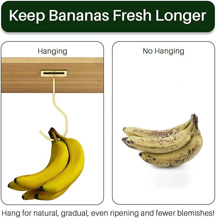 bussdis Adhesive Banana Hook Under Cabinet: 2-Pack Foldable Metal Banana Hanger, Space-Saving Under Counter Banana Holder for Kitchen & RV, Gold - Image 5