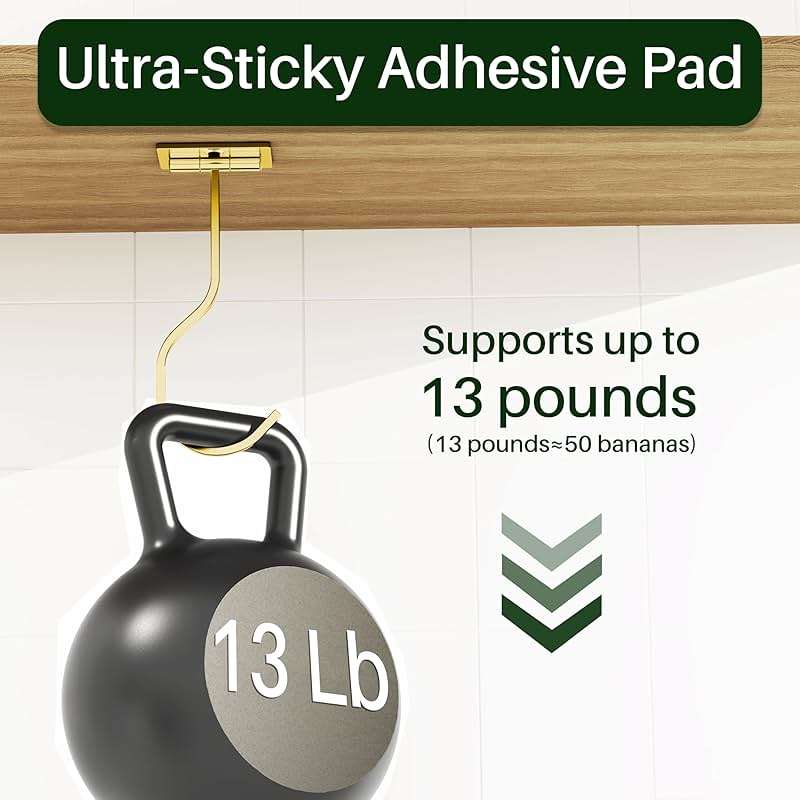 bussdis Adhesive Banana Hook Under Cabinet: 2-Pack Foldable Metal Banana Hanger, Space-Saving Under Counter Banana Holder for Kitchen & RV, Gold - Image 7
